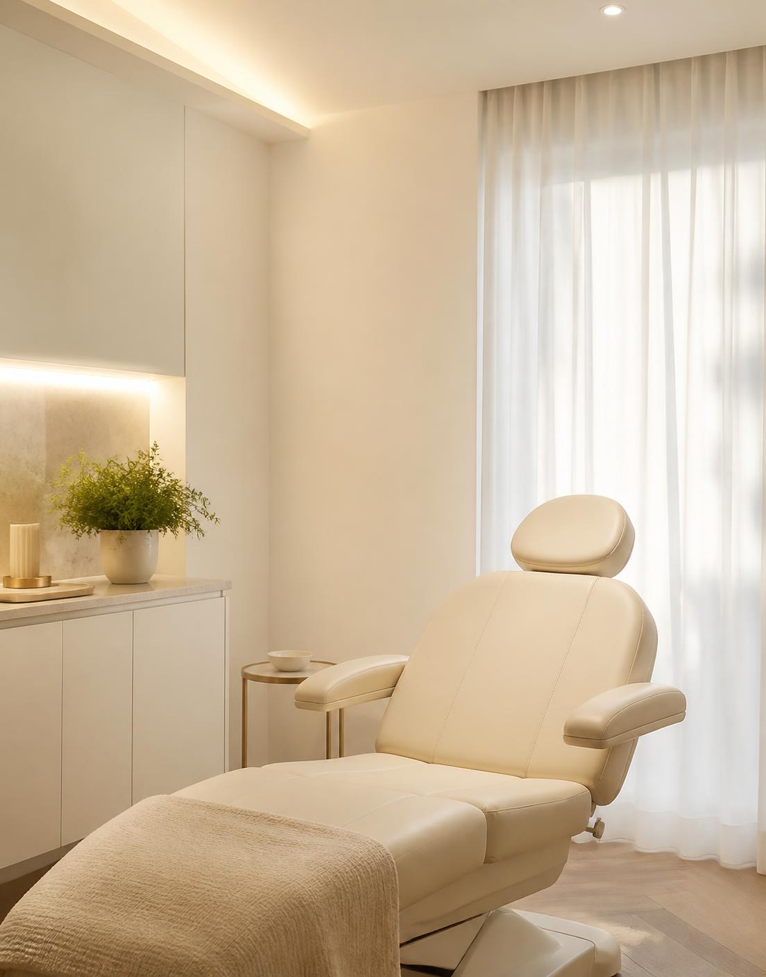 Calm treatment room at Aesthetic Aura with soft natural daylight